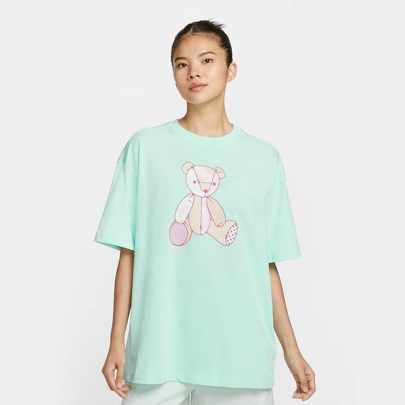 女圆领小熊印花纯棉针织透气运动休闲T恤